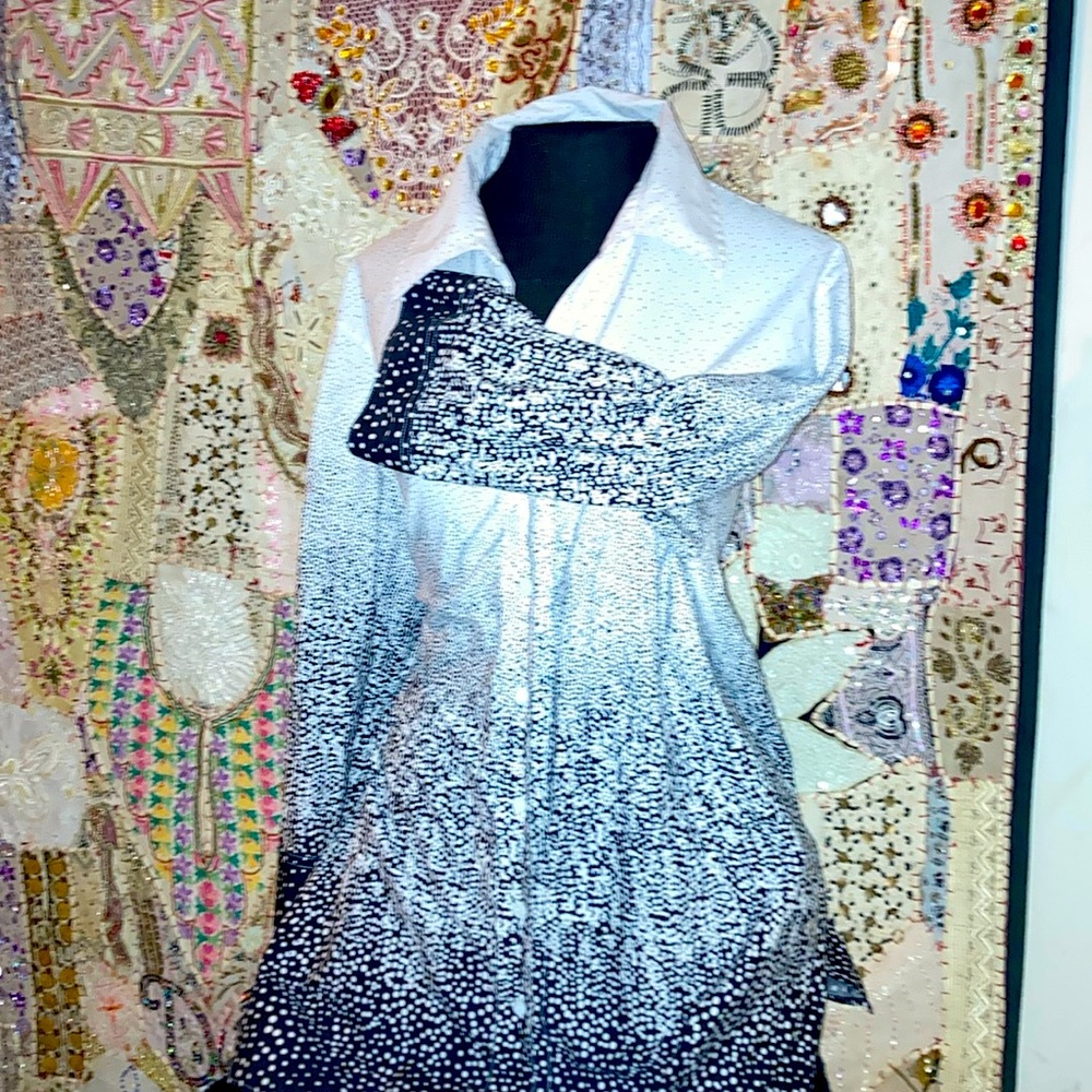 Black White 100% Cotton polka dot 6 covered buttoned blouse